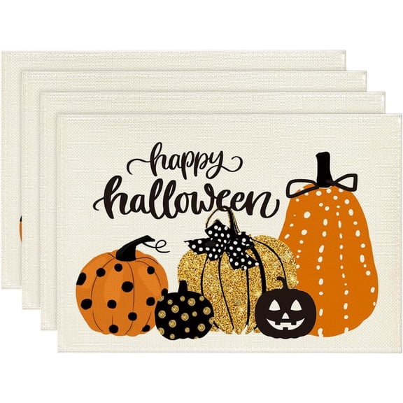 Happy Halloween Jack-O-Lantern Placemats for Dining Table, 12 x 18 Inch Holiday Pumpkins Washable Table Mat Set of 4