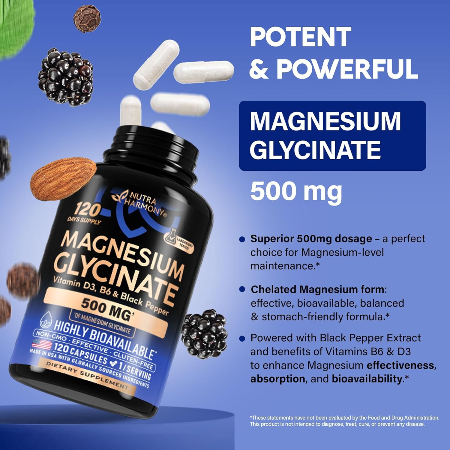 Magnesium Glycinate 500 mg - Chelated Supplement - 98% High Absorption - Support for Sleep, Muscle & Heart Health - Made in USA, Lab Tested & Non-GMO - 120 Capsules Pack of 2