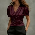 thumbnail image 2 of Ashirexll Womens Casual Tops, Solid Color Short Sleeve V-Neck Satin Spring Summer Top, 2 of 7