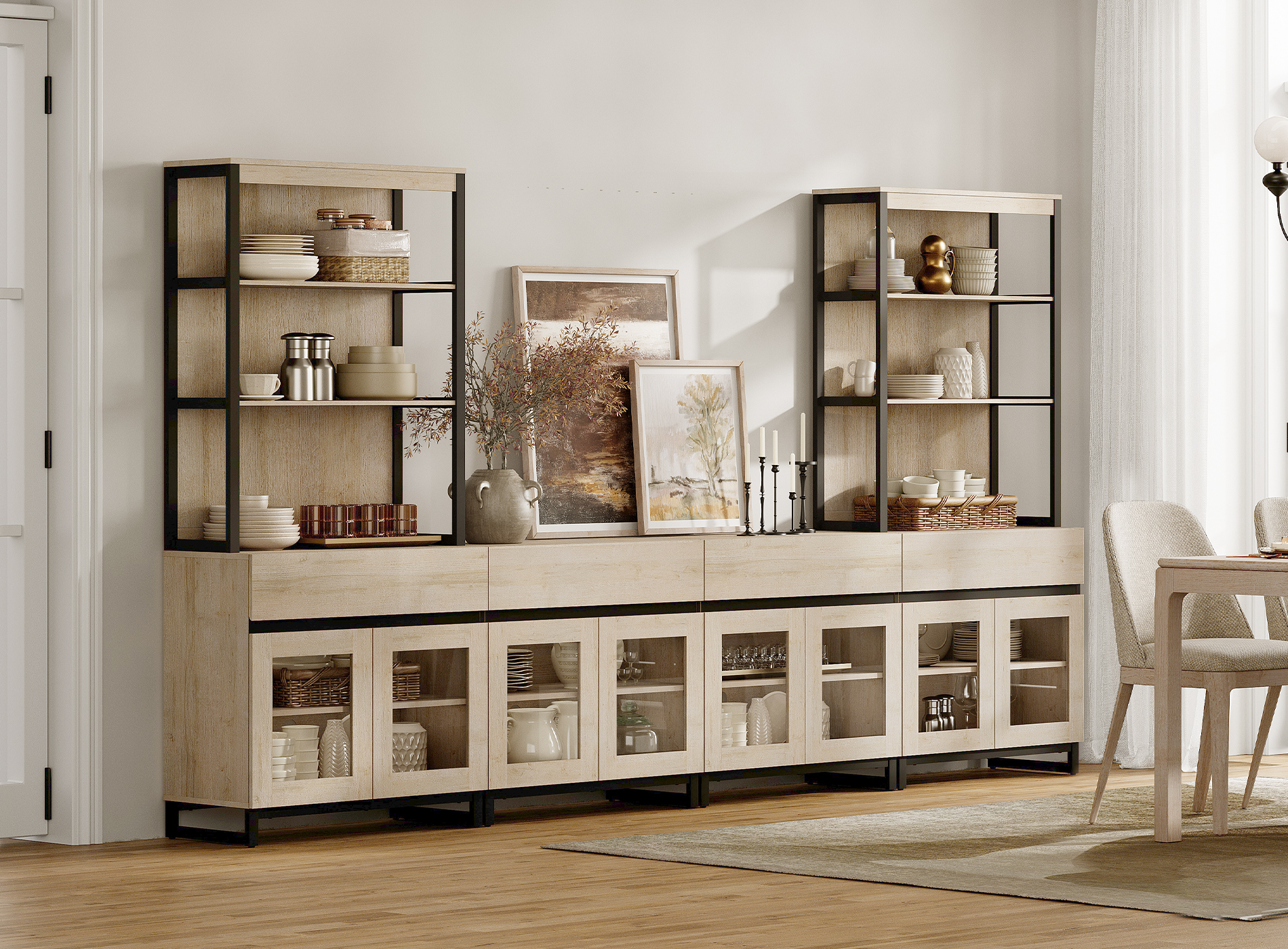 WAMPAT Modern TV Stand with 3 Tiers Bookshelf, Farmhouse Entertainment Center with 4 Drawers and Adjustable Shelf, Wooden Media TV Console with Glass Doors for Living Room, Beige