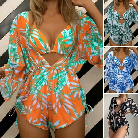 Guiexla 3Pcs/Set V-neck Halter See-through Waist Tight Bikini Bodysuit Set Tropical Leaves Print Bra High Waist Briefs Long Sleeve Cover Up Beachwear