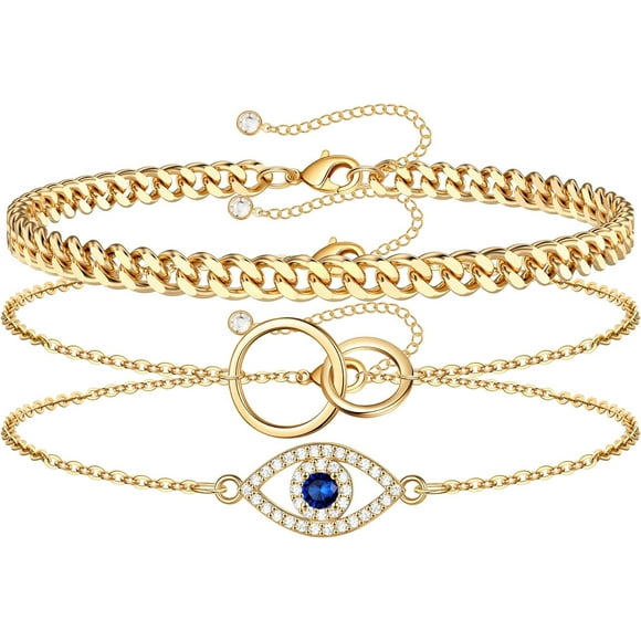 Dainty Layered Evil Eye Bracelets for Women, 14K Gold Filled Adjustable Bead Layering Bracelet Cute CZ Evil Eye Bar Coin Bracelet Gold Layered Paperclip Chain Bracelets for Women Jewelry