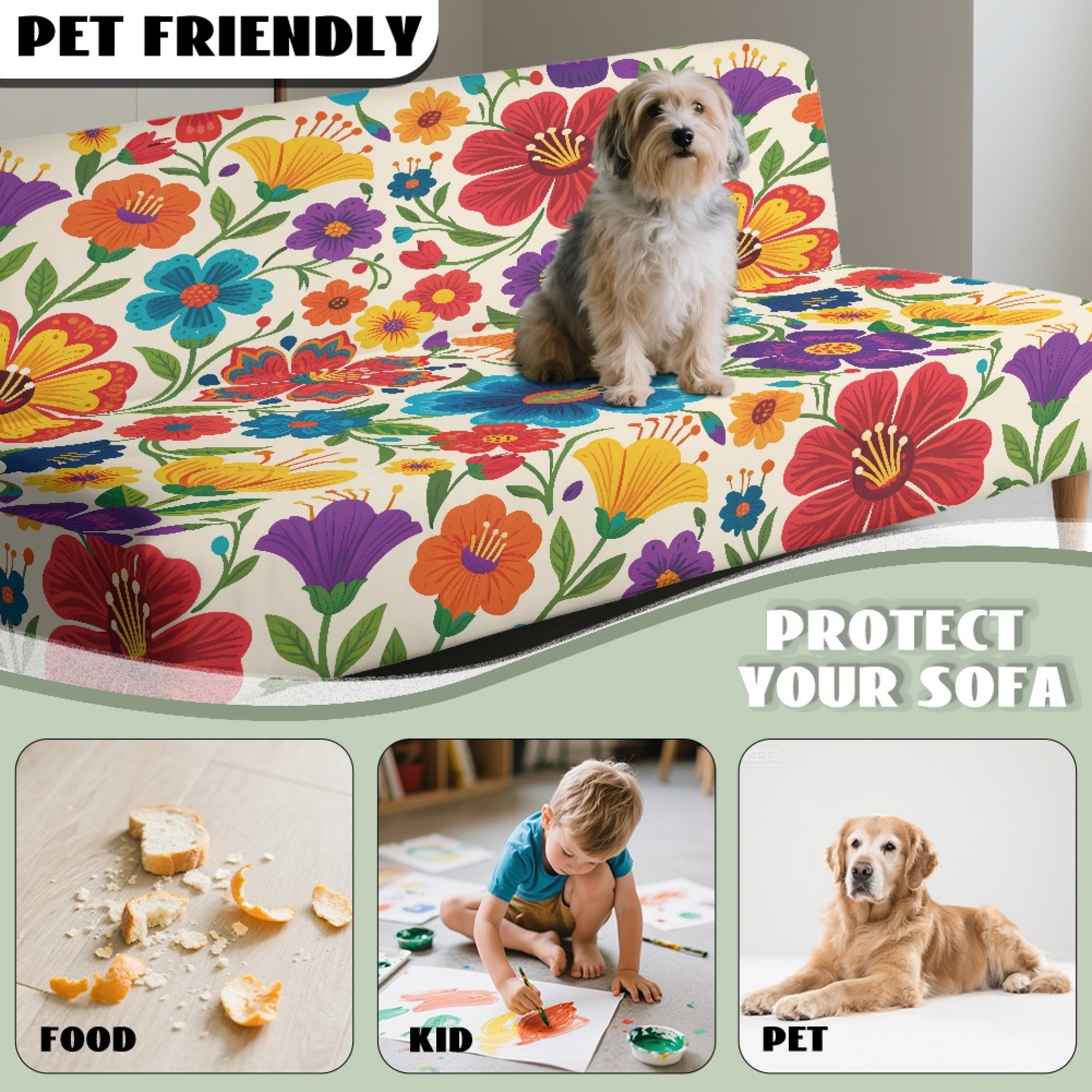 ZIATUBLES Futon Couch Cover Armless, Stretch Sofa Slipcover Dustproof Furniture Protector Elastic Non-Slip Washable for Sofa Bed, Living Room, Colorful Flower Print