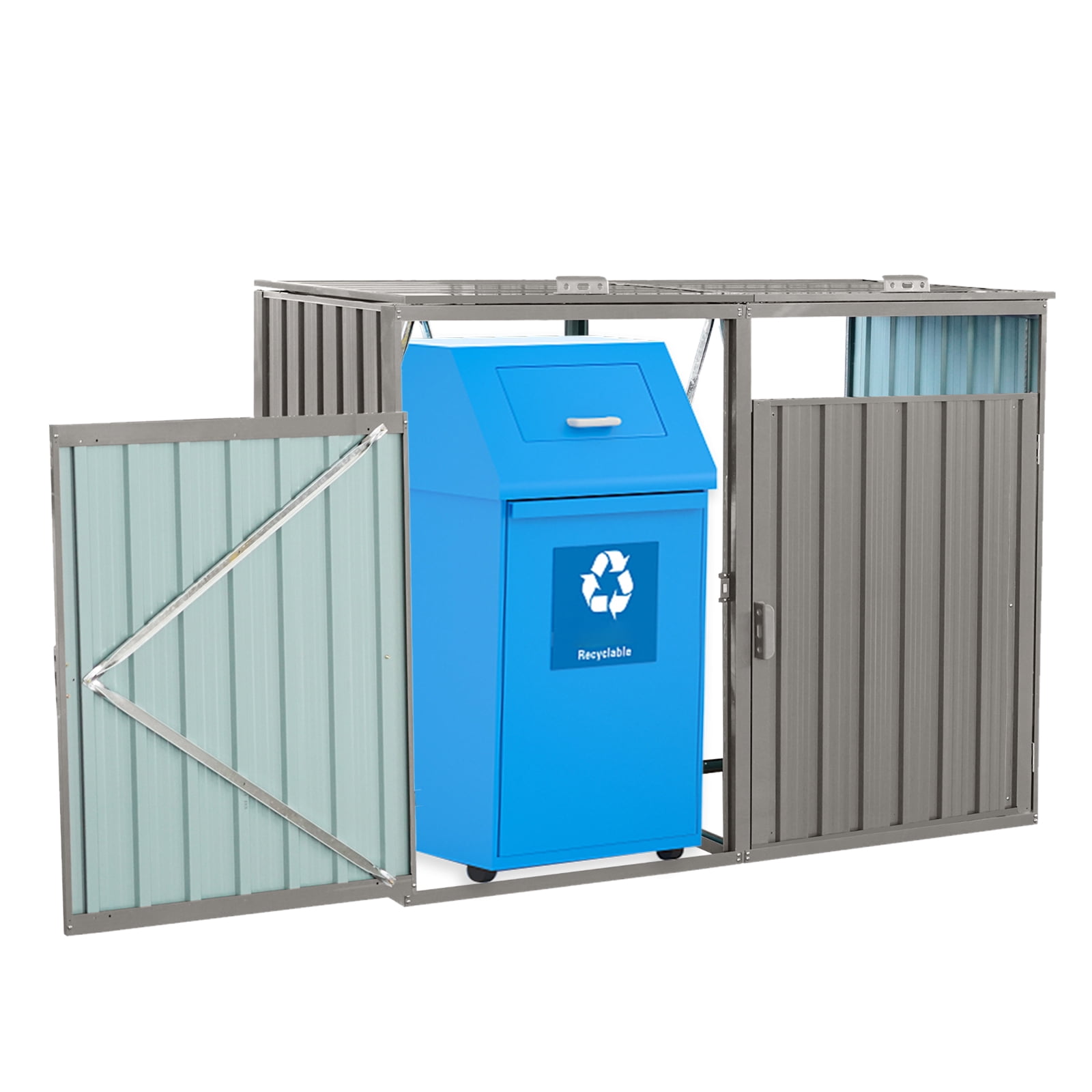 IMagacFun Metal Outdoor Garbage Bin Shed for 2 Trash Cans, Stainless Galvanized Steel Storage Shed for Garden Yard Lawn Gray
