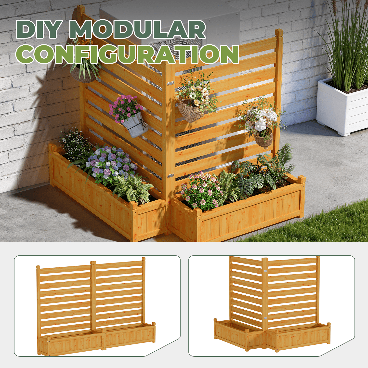 BaPiPro 2-Panel Wooden Planter Fence with Built-in Flower Boxes, Natural Wood Finish for Outdoor Privacy Screen