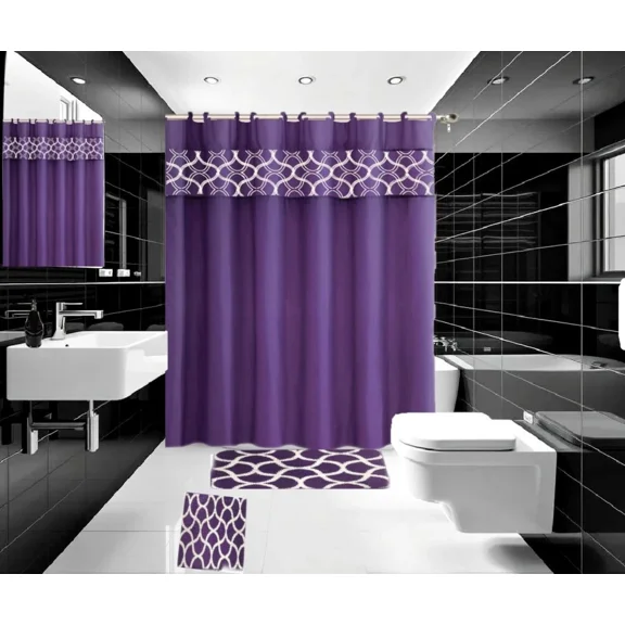 Gorgeous Home Linen 15-Piece Bathroom Set 2-Rugs/Mats, 1 -Fabric Shower Curtain, 12-Fabric Covered Rings Geometric Purple