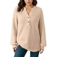thumbnail image 3 of Womens Waffle Knit Sweatshirt Casual Loose Long Sleeve Henley Button V Neck Pullover Tops Fall Trendy Outfits, 3 of 5
