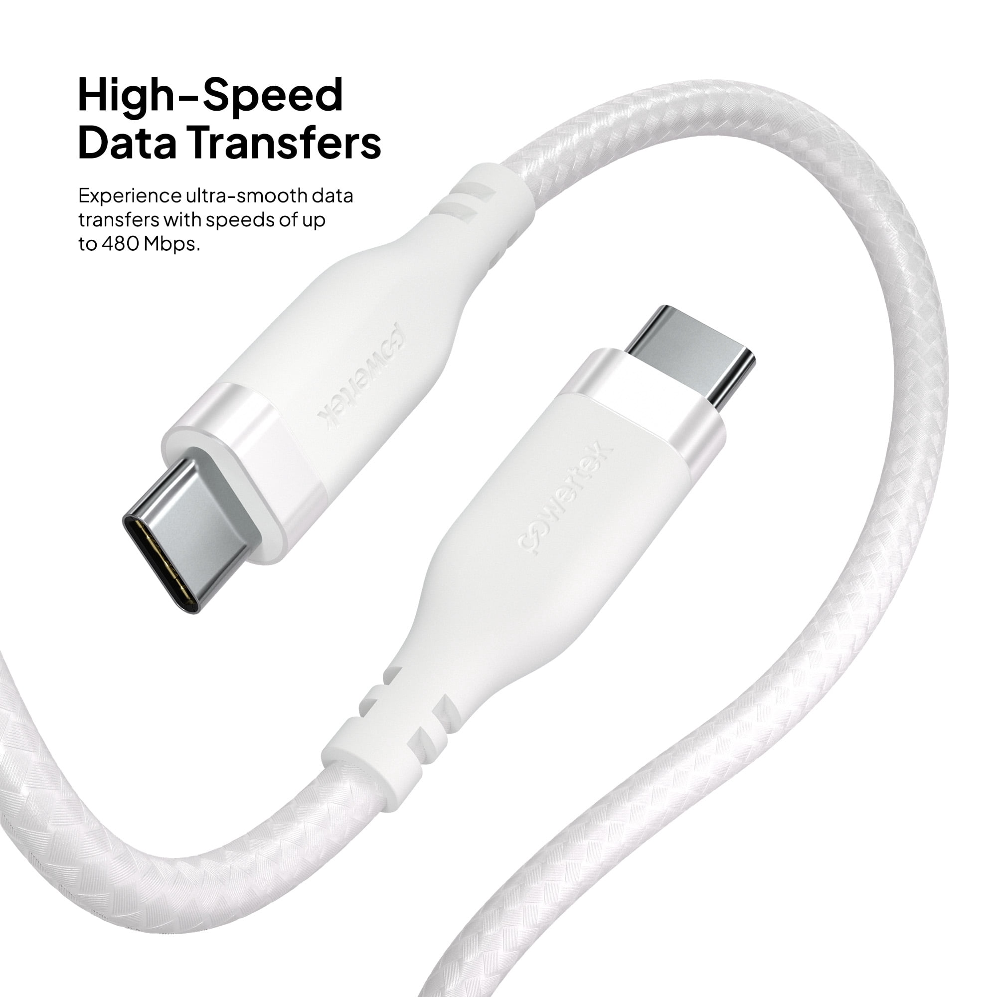 Powertek USB-C to USB-C Fast Charging Cable, 60W, 6 ft, Carbon Design Texture, White