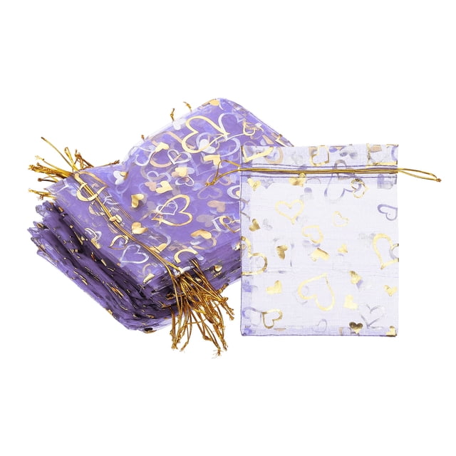 100 Pcs 5x7 Pulgadas Bolsas de Organza Impresas con Corazón, Bolsas Transparentes Púrpuras para Regalos de Favor de Joyería de Navidad y Bodas