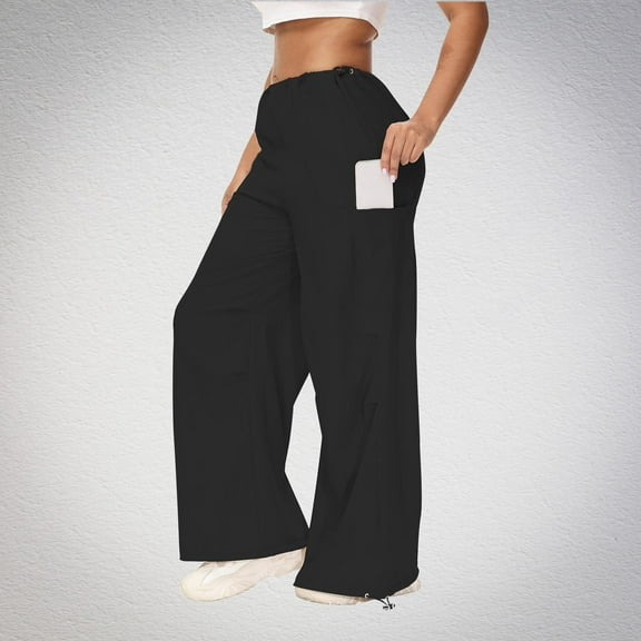Women's Work Pants Women's Casual Elastic Tie Waist Loose Long Pants With Pocket Full Length Pants Black S