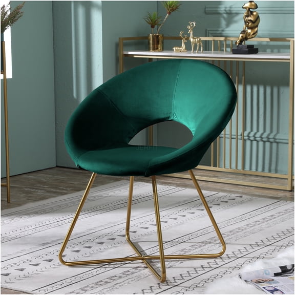 JERFIT Modern Velvet Accent Chair with Gold Base, Emerald Green Upholstered Armchair for Living Room Bedroom