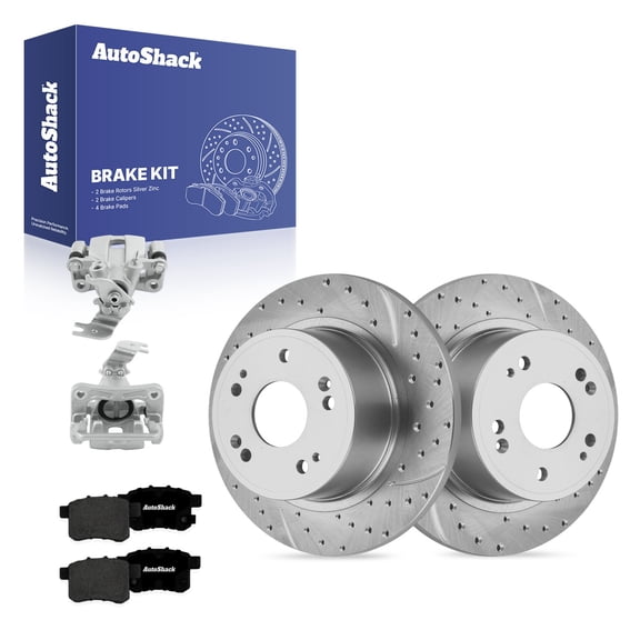 AutoShack Rear Solid Drilled & Slotted Silver Zinc Coated Brake Rotors   Premium Ceramic Pads   Calipers 8-PC Brake Kit Replacement for 2008-2012 Honda Accord SilverShield Pro 11.1" (282 mm)