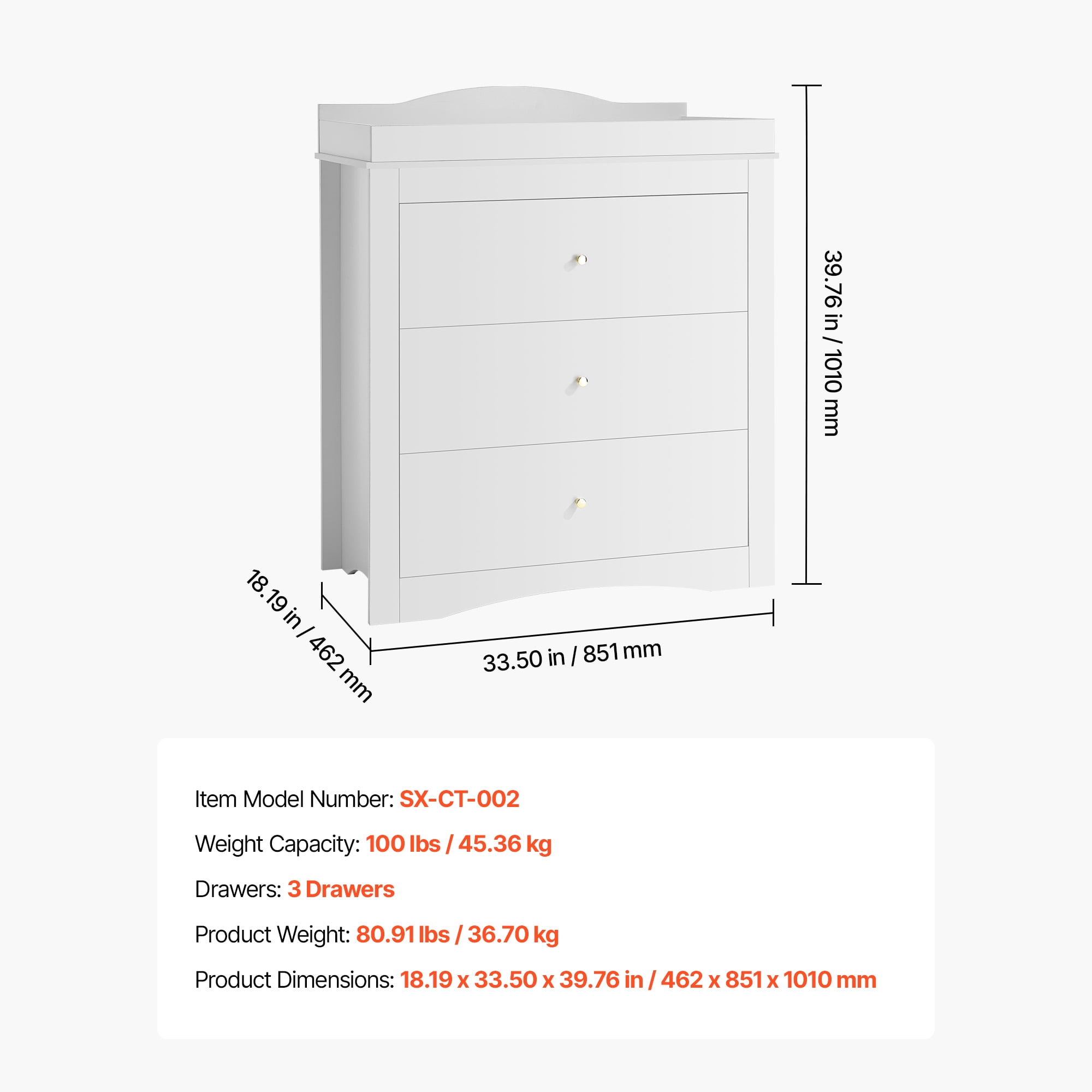 KFFKFF Modern Baby Changing Table Dresser with 3 Storage Drawers, Multi-Functional Organizer for Nursery and Children's Room, White