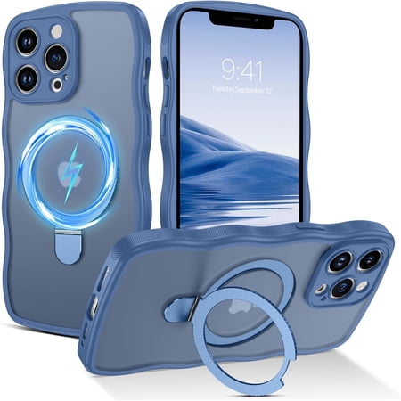 Magnetic for iPhone 12 Pro Max Case with Invisible Stand [Compatible with Magsafe] Cute Curly Wavy Phone Case iPhone 12 Pro Max Slim Ring Kickstand Shockproof Women Men Cover, Blue
