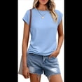 thumbnail image 3 of Camiseta de Verano para Mujer, Color Liso, Cuello Redondo, Corta, Azul , Talla M, 3 of 6