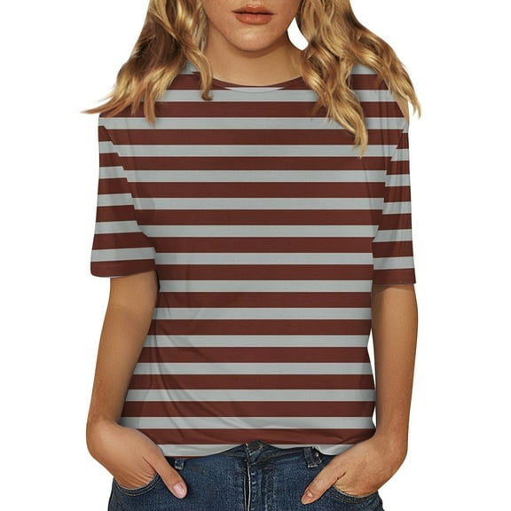 yunLCZ Women Shirts Women's Short Sleeved Shirt Spring Striped Round Neck Business Casual Top Polka Dot Loose Half Length Work Shirt Women's Cap Sleeve Tank Tops Brown L