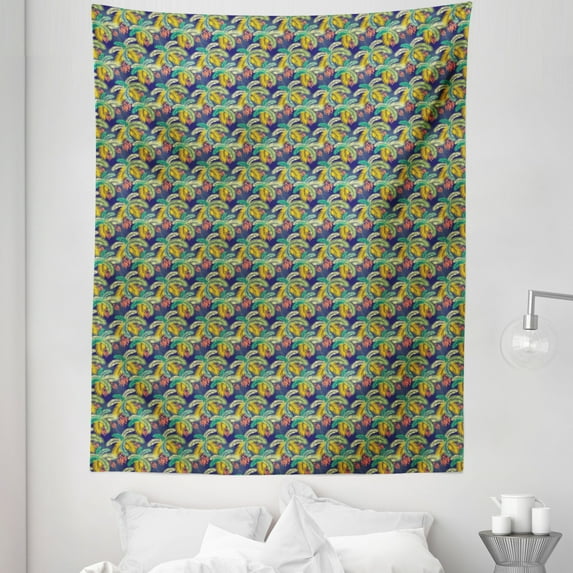 Tropical Tapestry, Repetitive Abstract Thin Lines Palm Leaves Colorful Summer Illustration, Fabric Wall Hanging Decor for Bedroom Living Room Dorm, 5 Sizes, Indigo and Multicolor, by Ambesonne