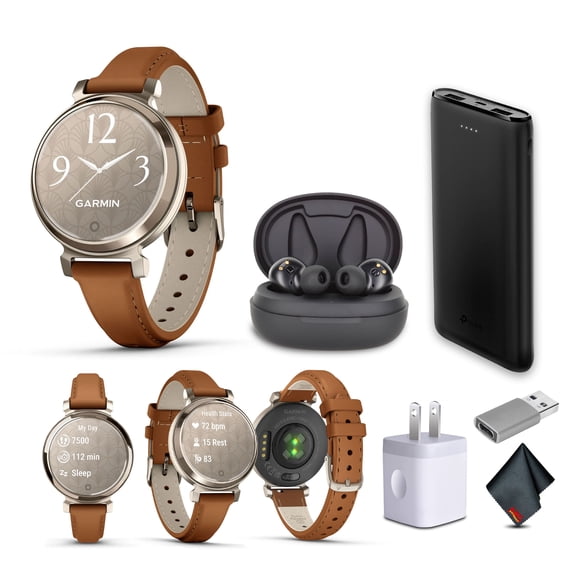Garmin Lily 2 Classic Smartwatch Stylish Cream Gold with Tan (010-02839-02) Fitness Smart Watch Earbud Bundle