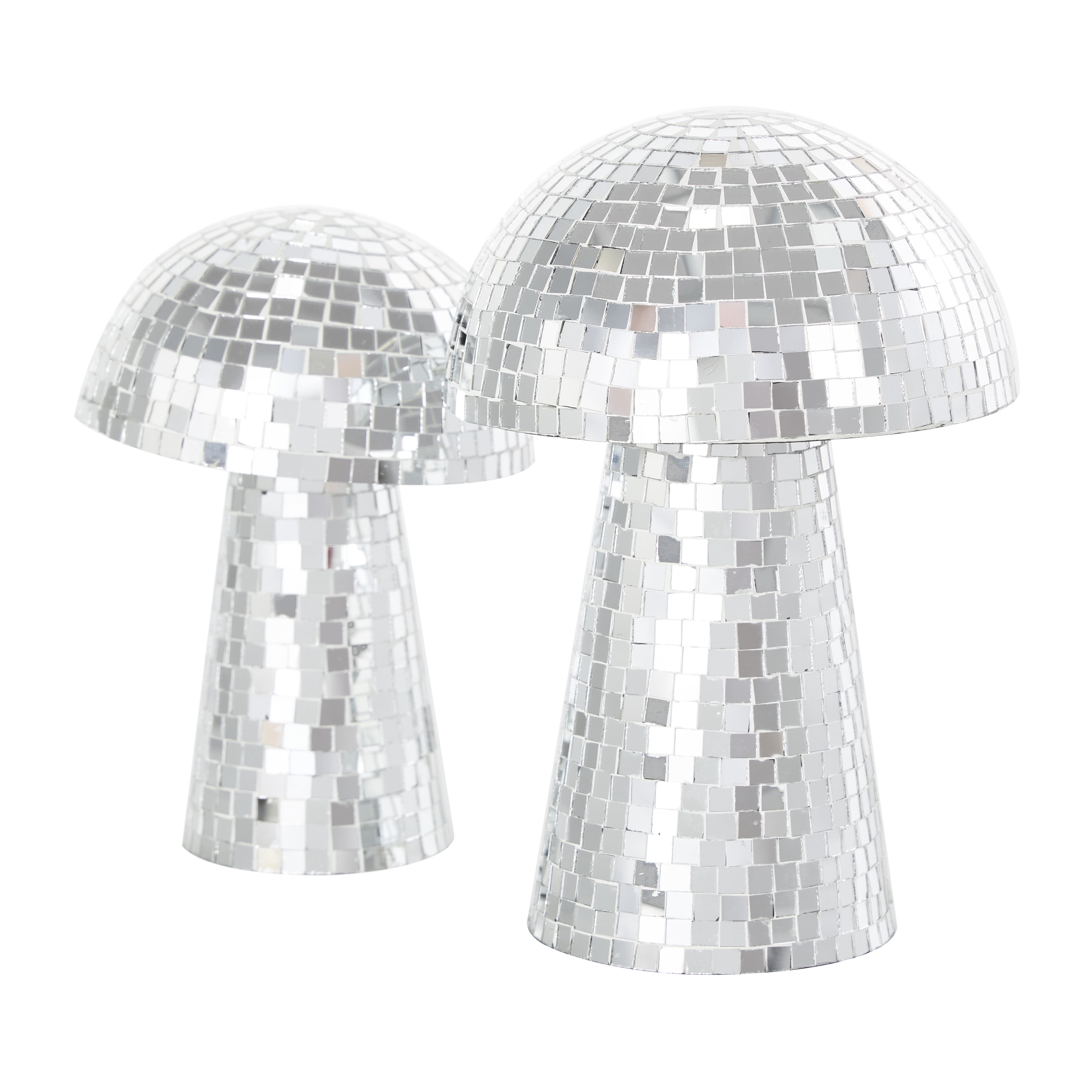 10", 8"H Silver Glass Handmade Mosaic Mirrored Mushroom Sculpture, by DecMode (2 Count)