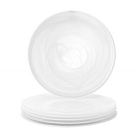 Vikko Lunch Plates, Set of 6 White Alabaster Plates, 8.5" Plate with Marbelized, Swirl Design, Elegant Glass Entree Plate, Dishwasher Safe