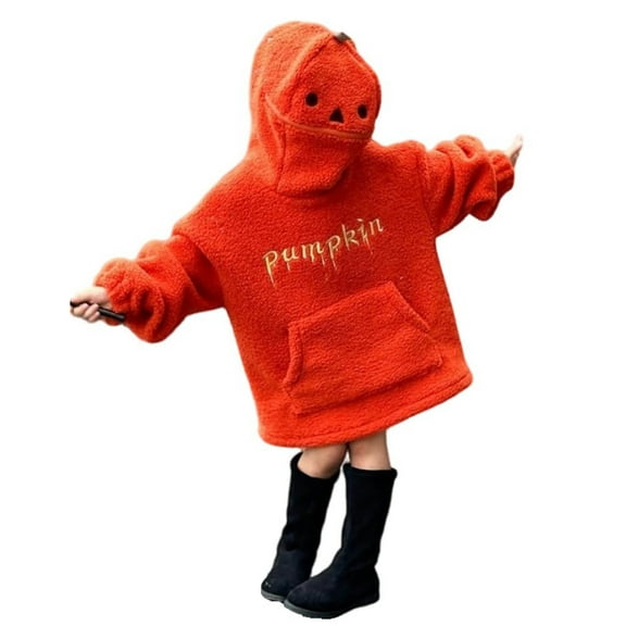 Otqutp Teen Girl's Oversized Halloween Hooded Pumpkin Pullover Kids Fuzzy Sweatshirt Thick Woolen Sweater Jacket Fleece Clothes