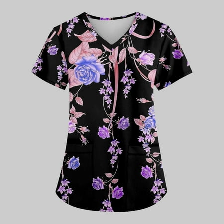 

Yubatuo Women Plus Size Scrubs Top with Pockets V-Neck Short Sleeve Animal Print Work Blouse for Women Light Purple 5XL