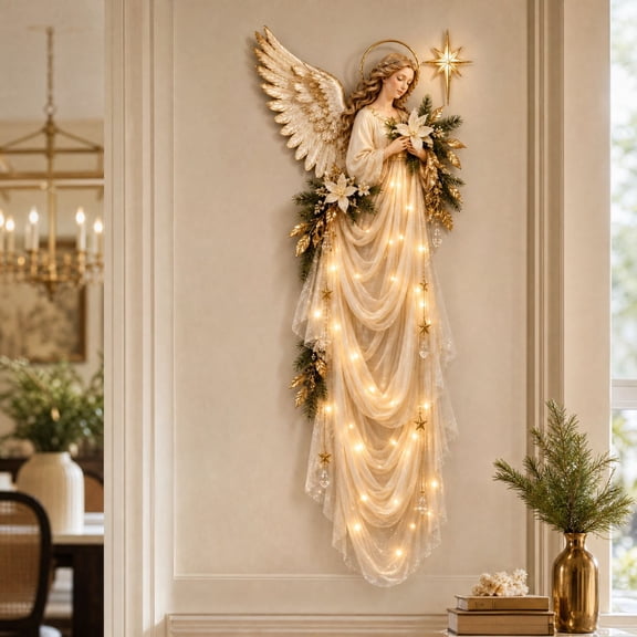Lighted Angel Wall Decor, Praying Angel with LED String Lights and Crystal Ornaments, Elegant Angel Wall Art Hanging Decoration for Christmas Home Indoor Wall Decor