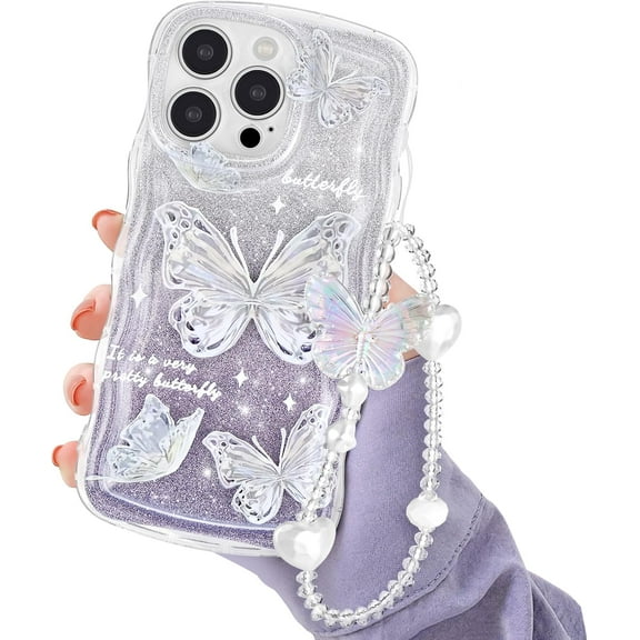 for iPhone 15 Pro Max Case, Cute Butterfly Curly Wave Clear Case with Bracelet Chain for Women Girls Luxury Glitter Soft TPU Shockproof Bumper Protective Cover for iPhone 15 Pro Max-Purple