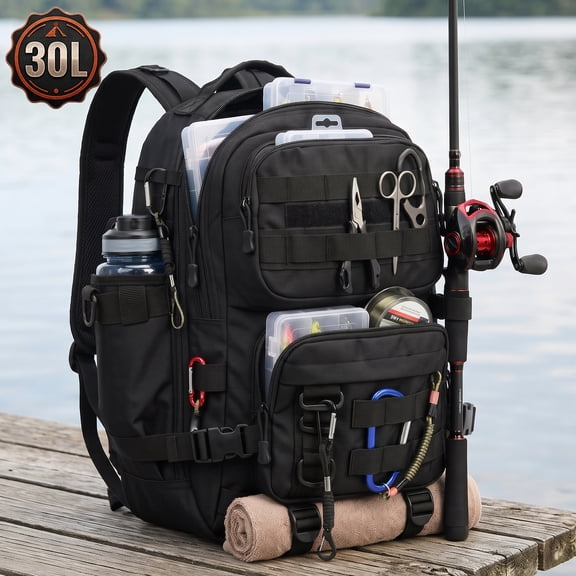 EZBY Fishing Backpack,1200D Oxford Multi-Pocket Bag with Rod Holder for Angling, Camping & Outdoor Travel