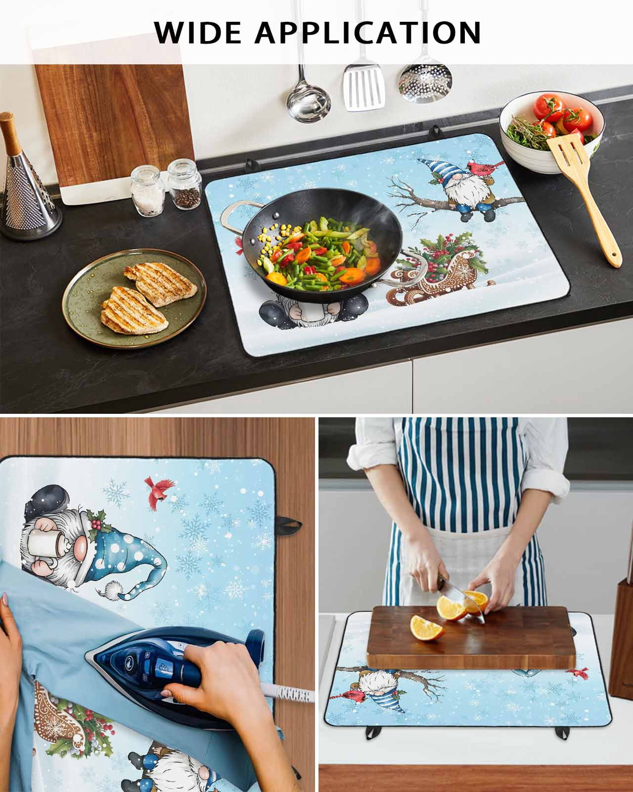 Large Induction Cooktop Protector Mat Blue Christmas Stove Top Covers for Electric Stove, Winter Gnomes Snowflakes Cardinal Holly Decorative Stove Burner Cover Mats, Glass Top Stove Cover