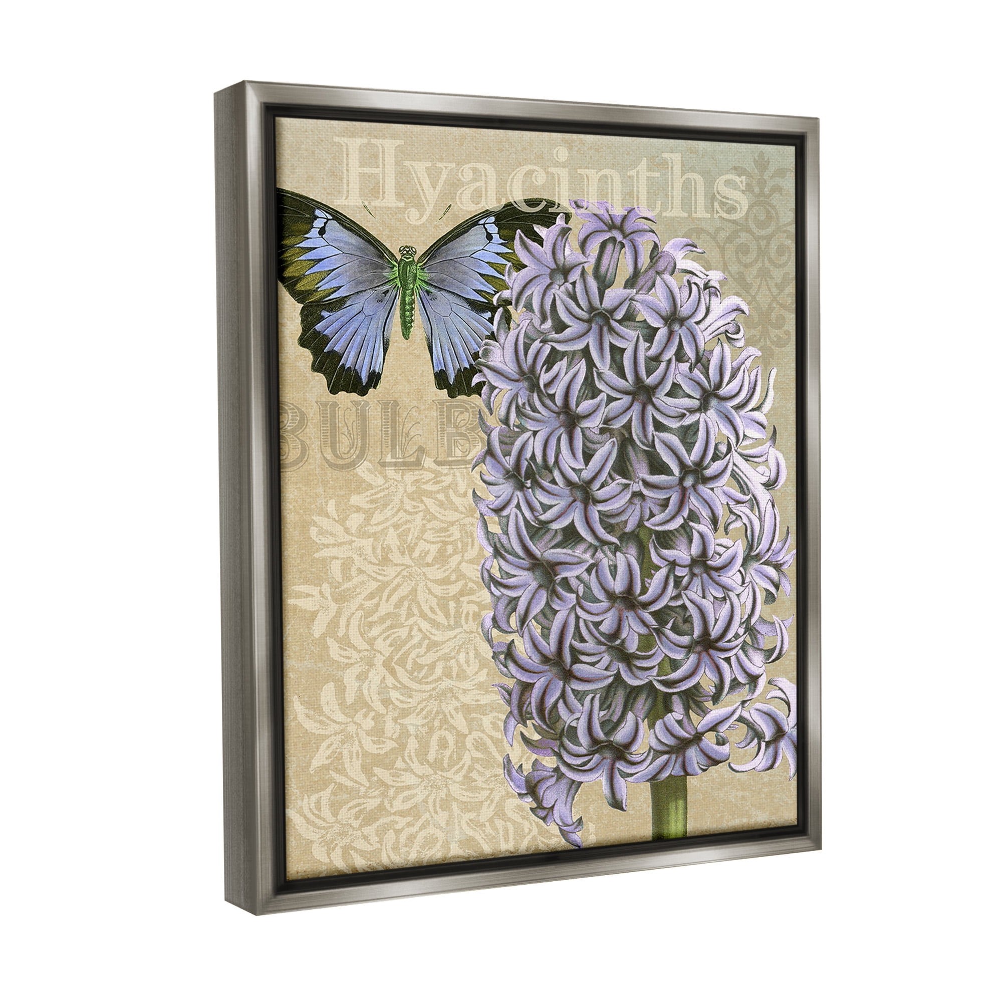 Stupell Industries Hyacinth Pattern & Butterfly Botanical & Floral Painting Gray Floater Framed Canvas Art Print Wall Art, 17 x 21