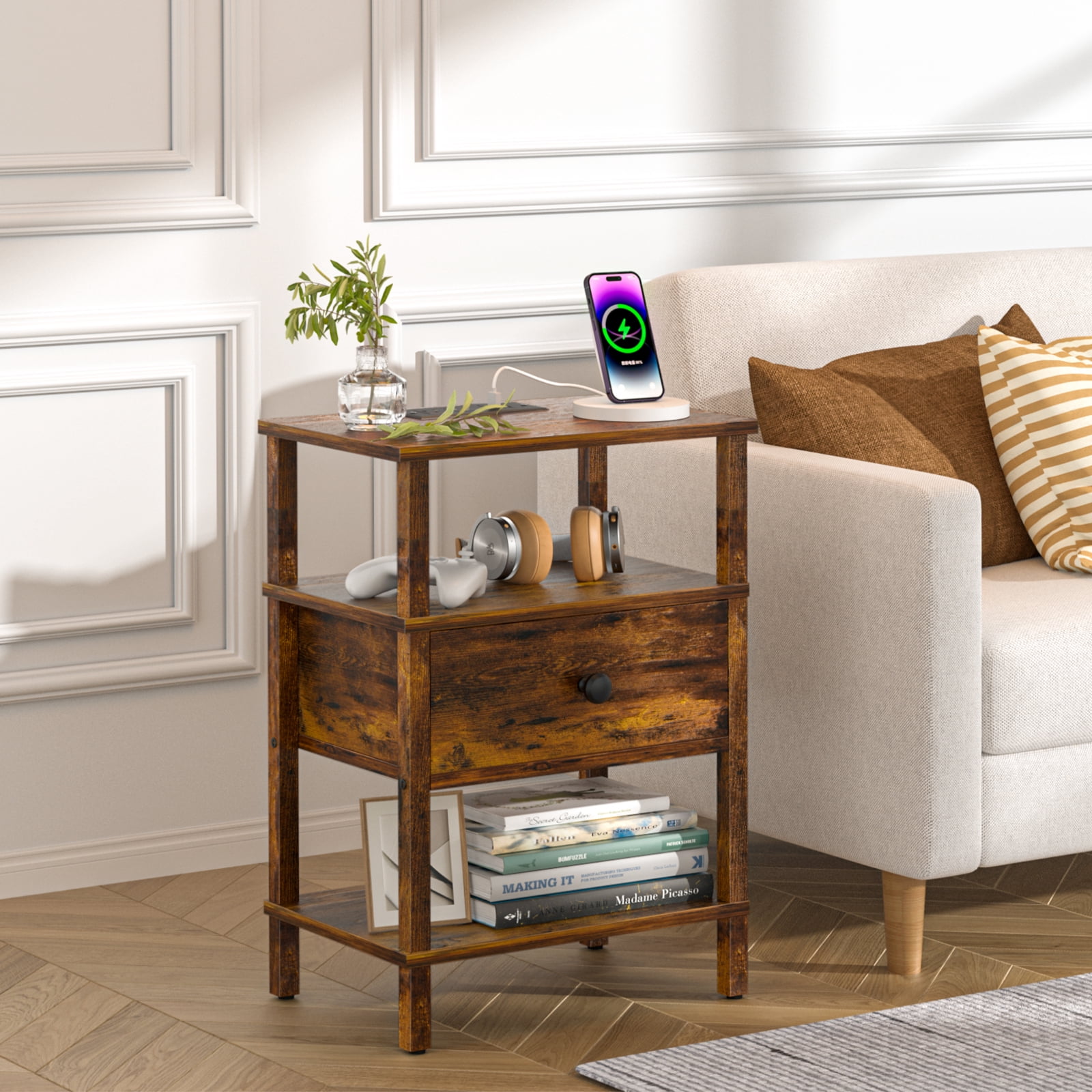 LEYAOYAO 3-Tier Side Table with Charging Station, End Table with 2 Outlets & 2 USB Ports, for Living Room, Rustic Brown