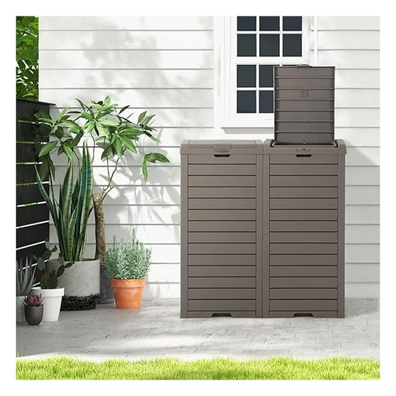 31 Gallon Outdoor Trash Can, Waterproof Garbage Can with Lid & Slidable Tray, 16” x 16” x 34” Large Resin Waste Bin for 33-40 Gal Trash Bag, Outside Trash Can for Patio Backyard Deck, Grey