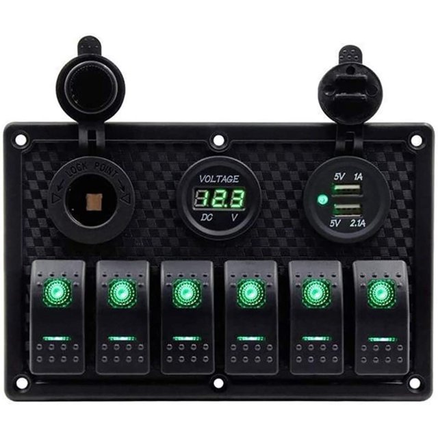6 Gang RV Waterproof Rocker Switch Panel - Digital Voltmeter Display Dual 5V USB Charger Socket DC 12V Slot Blue LED Light for Car Marine Boat Vehicles