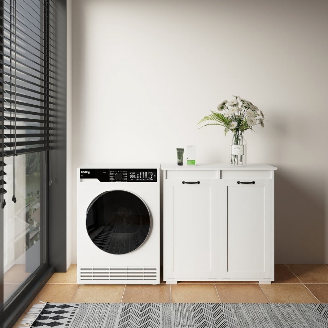 30"H Laundry Hamper Cabinet with 2 Removable Liner Bags, Double Laundry Sorter Cabinet, Freestanding Clothes Storage Organizer, White