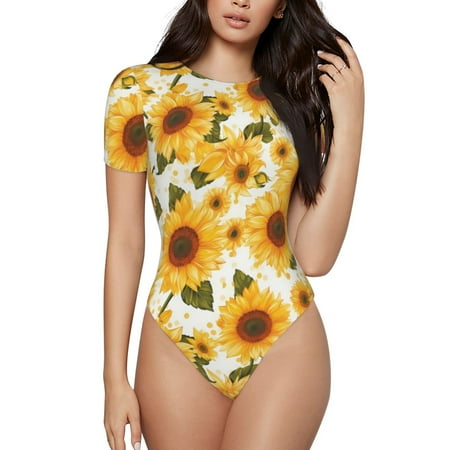Gaeub Yellow Polka Dot Sunflower Print Women s Short Sleeve One Piece Swimsuit Sexy High-Waisted Bodysuit Bathing Suit for Swimming  Beach  Sports-Medium