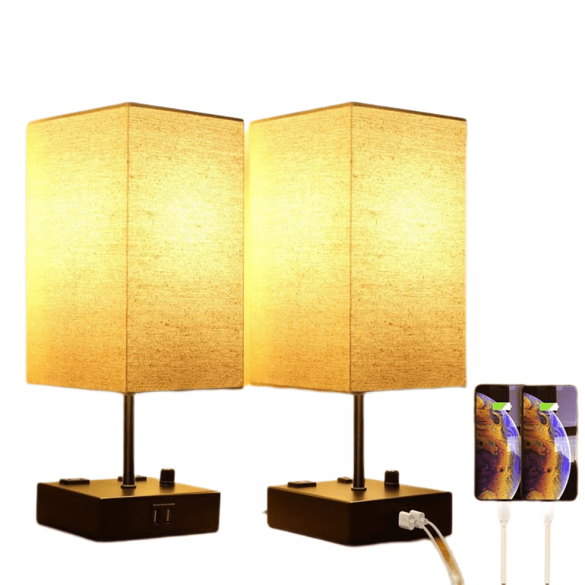 Upgraded Fully Dimmable USB Bedside Table Lamp Set of 2, Nightstand Table Lamps with 2 USB