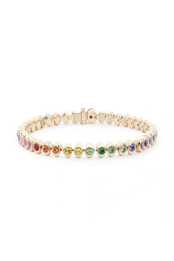 Rainbow sapphire tennis bracelet 14K solid gold | Natural rainbow gemstone bezel set tennis bracelet | multi sapphire rainbow bracelet