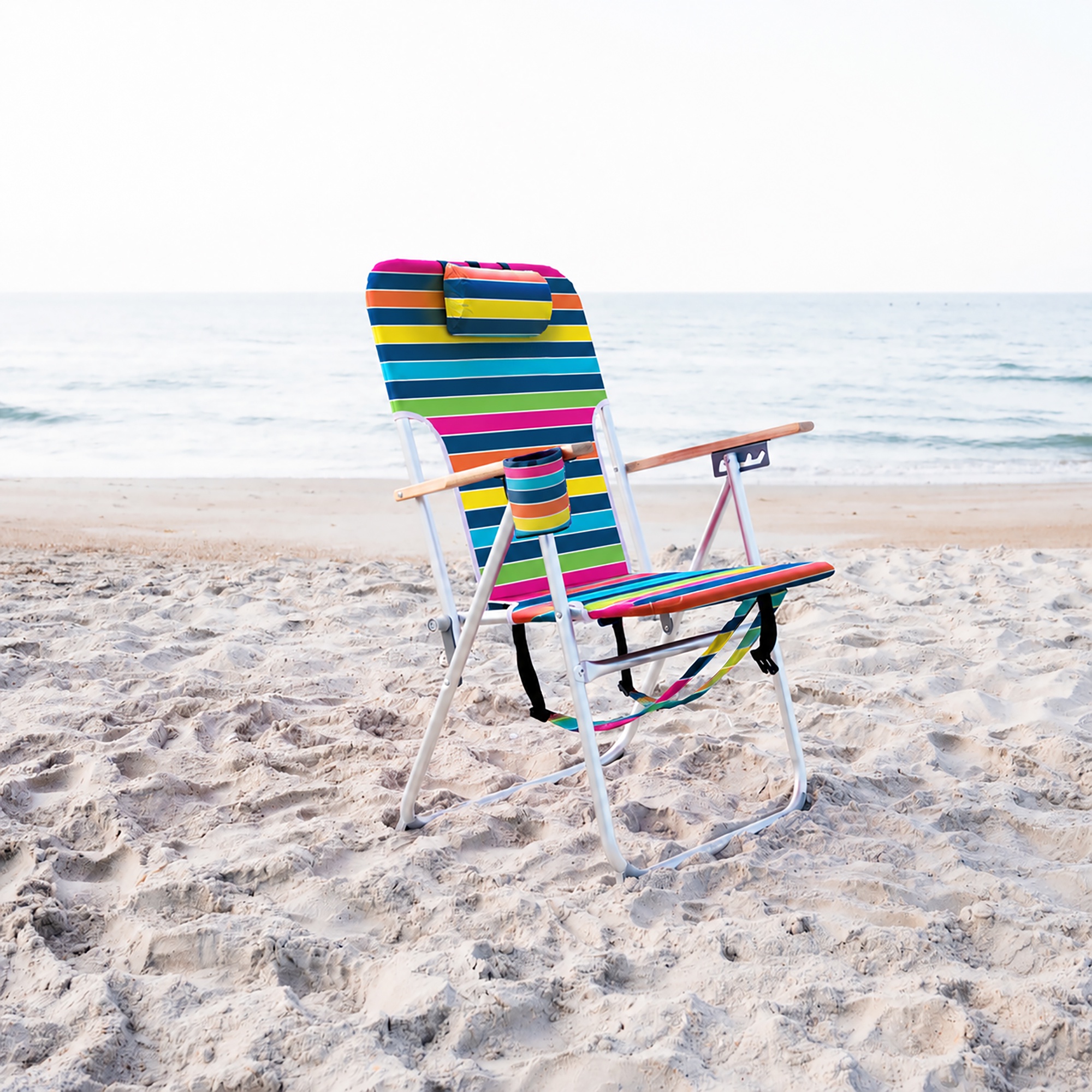 Caribbean Joe High Weight Capacity Back Pack Chair with wood armrests. Double Shoulder Straps and cup holder