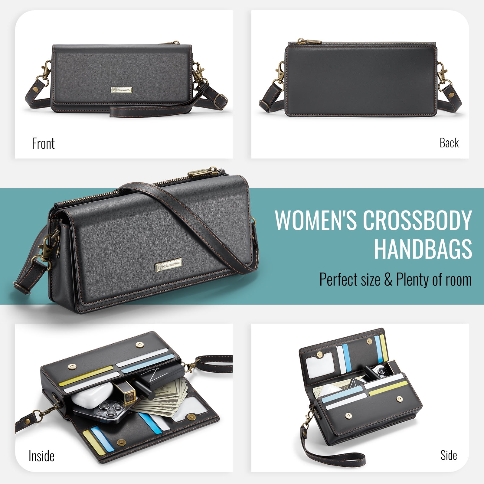 CaseMe Fashion Small Crossbody Bag for Women,Cell Phone Purse Women's Shoulder Handbags Wallet Purse with RFID Blocking Credit Card Slots Zip Small Crossbody Bag Wrist strap/Shoulder strap - Black