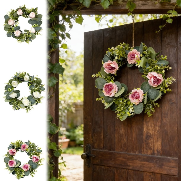 Anillo De Plástico Corona de peonía rosa y hojas de eucalipto de 35 cm para decoración de primavera del hogar, colgante de pared para escalera (1 unidad) JASKFLY
