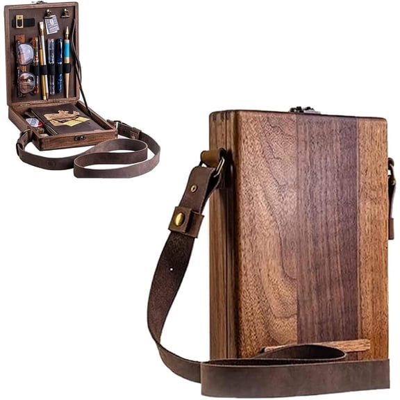 Art Messenger Wood Box, Vintage Portable Wooden Handmade Crossbody Postman Bag, Multifunctional Tabletop Easel Storage Case for Drawing & Sketching