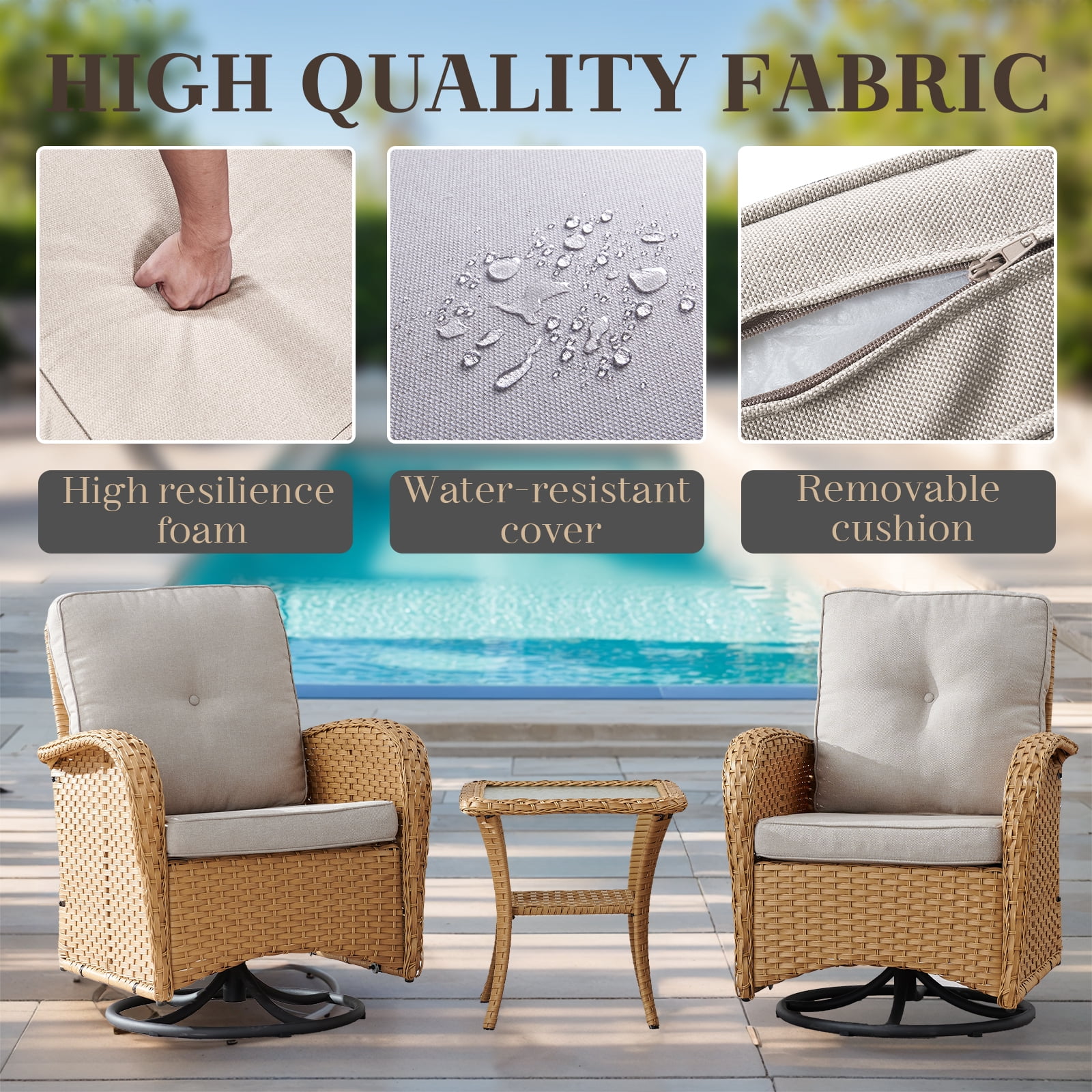 PARKWELL 3 Pieces Outdoor Swivel Gliders Rocker Set,High Back Wicker Patio Chairs with Side Table,Yellow Rattan Deep Seating Furniture with Non-Slip Beige Cushion for Porch Deck Backyard