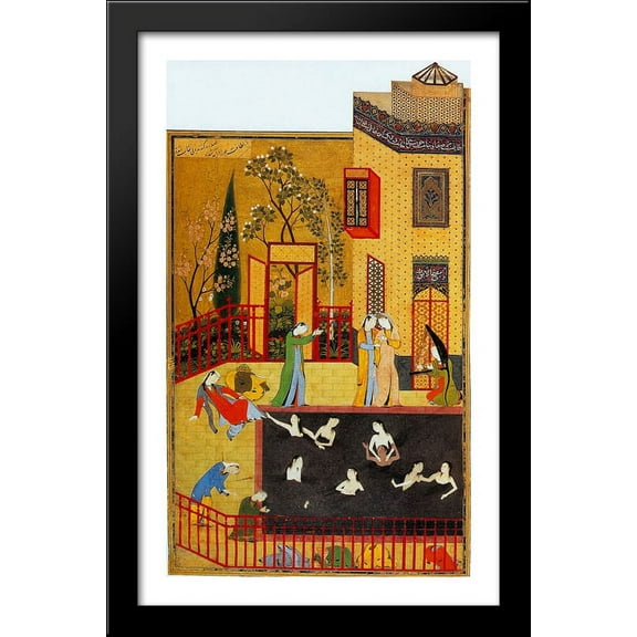 A miniature painting from the Iskandarnama 28x40 Large Black Wood Framed Print Art by Kamal ud-Din Behzad