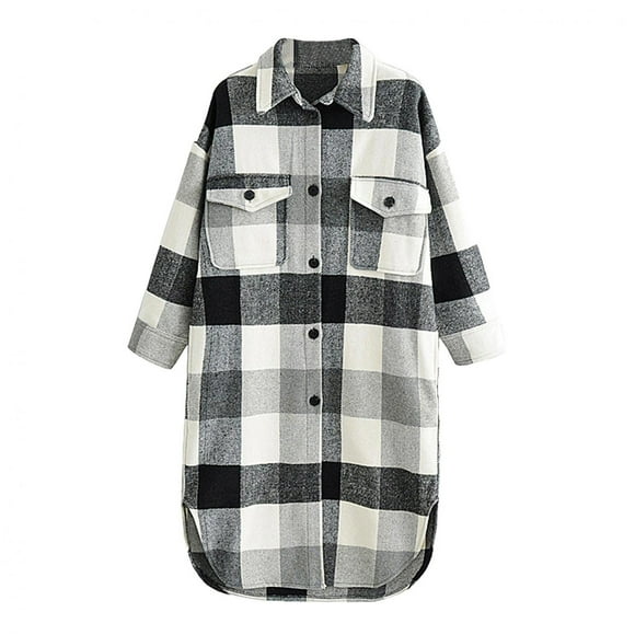 Pompotops Womens Plaid Long Wool Blend Coat Shacket Jackets Long Sleeve Button Down Casual Boyfriend Flannel Shirts