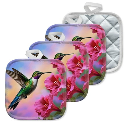 

4 Pack Pot Holders Kitchen Essential Potholder Set Hummingbird Flying Among Pink Flowers On A Colorful Background