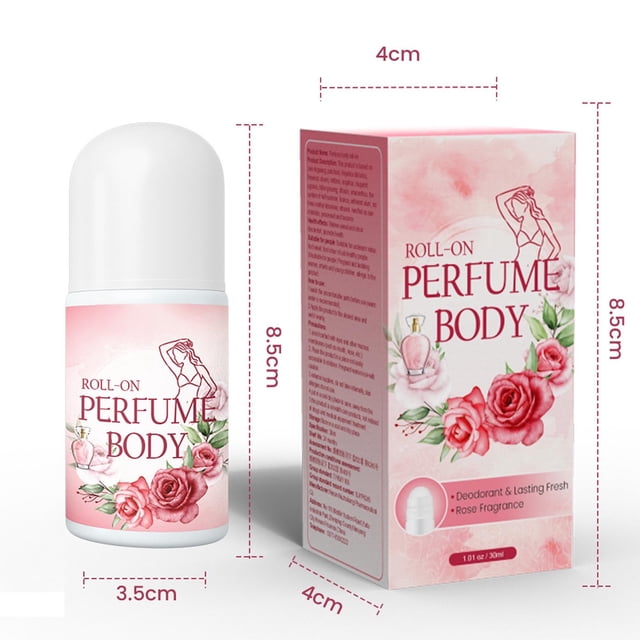 desodorante corporal roll-roll refrescante, de larga duración, compacto y portátil, antitranspirante en roll-on, 30 ml — Roll-on centrado junto a su caja; envase cilíndrico compacto con tapa blanca redondeada y etiqueta multicolor con rosas y texto decorativo, caja rectangular rosa con ilustración floral y dimensiones impresas, formato de 30 ml apto para llevar de viaje y aplicación corporal.