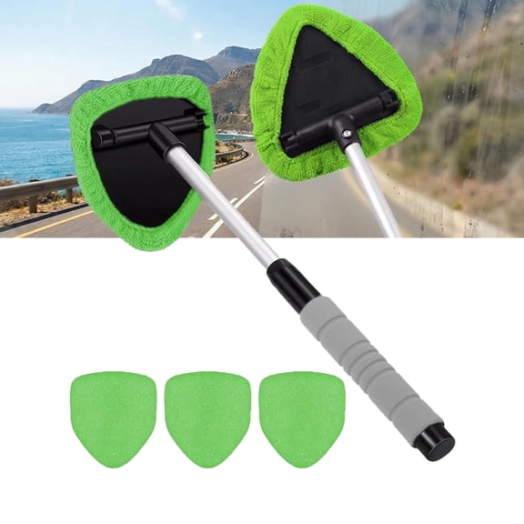 Car Windshield Cleaning Tool Extendable Microfiber Glass Wiper   4 Reusable Pads,Green