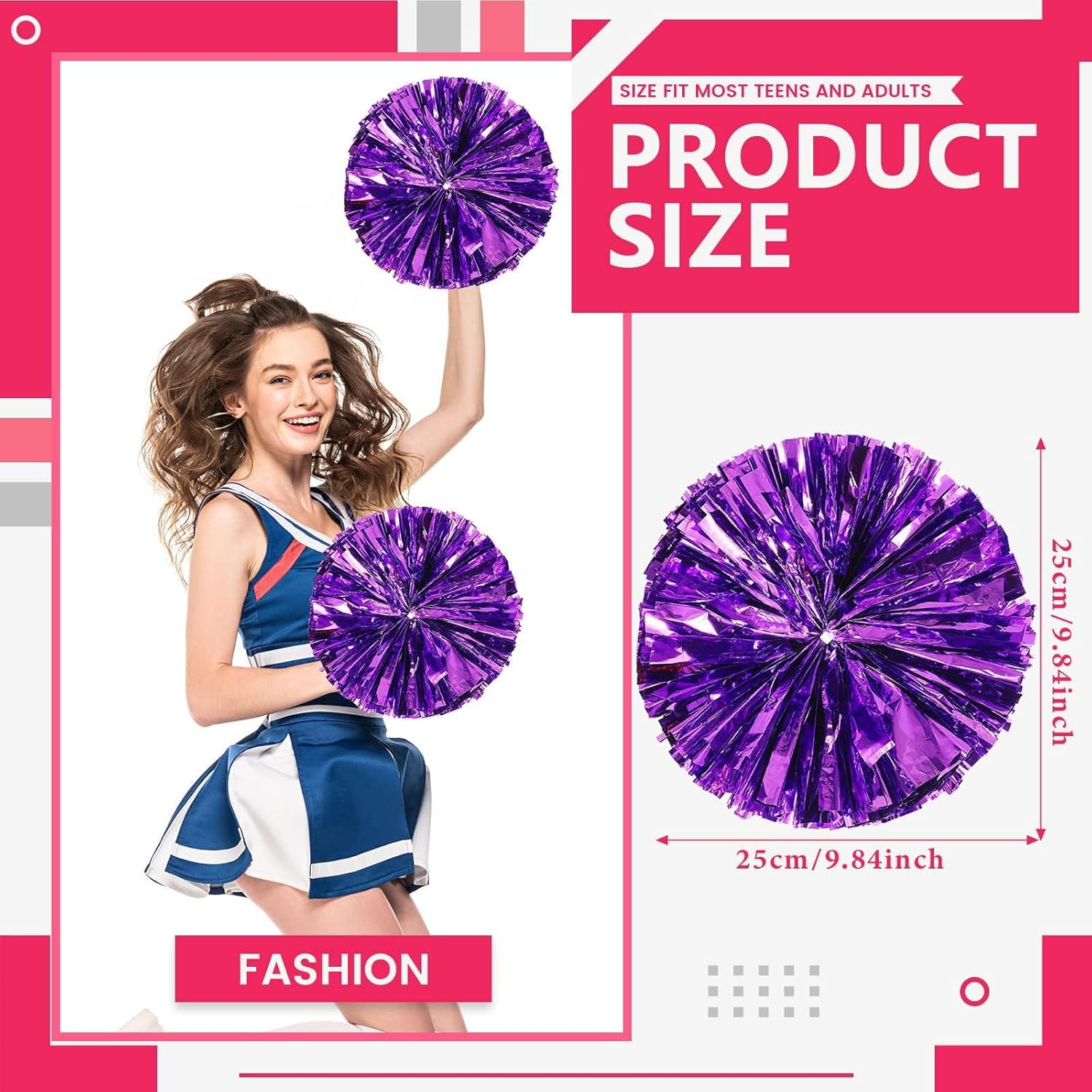 Zhangyh Pom Poms Cheerleading,Fluffy Cheerleader Pompoms with Finger Ring Handle,Metallic Pom Poms Cheerleading for Children Adults Sports Competition Holiday Celebration