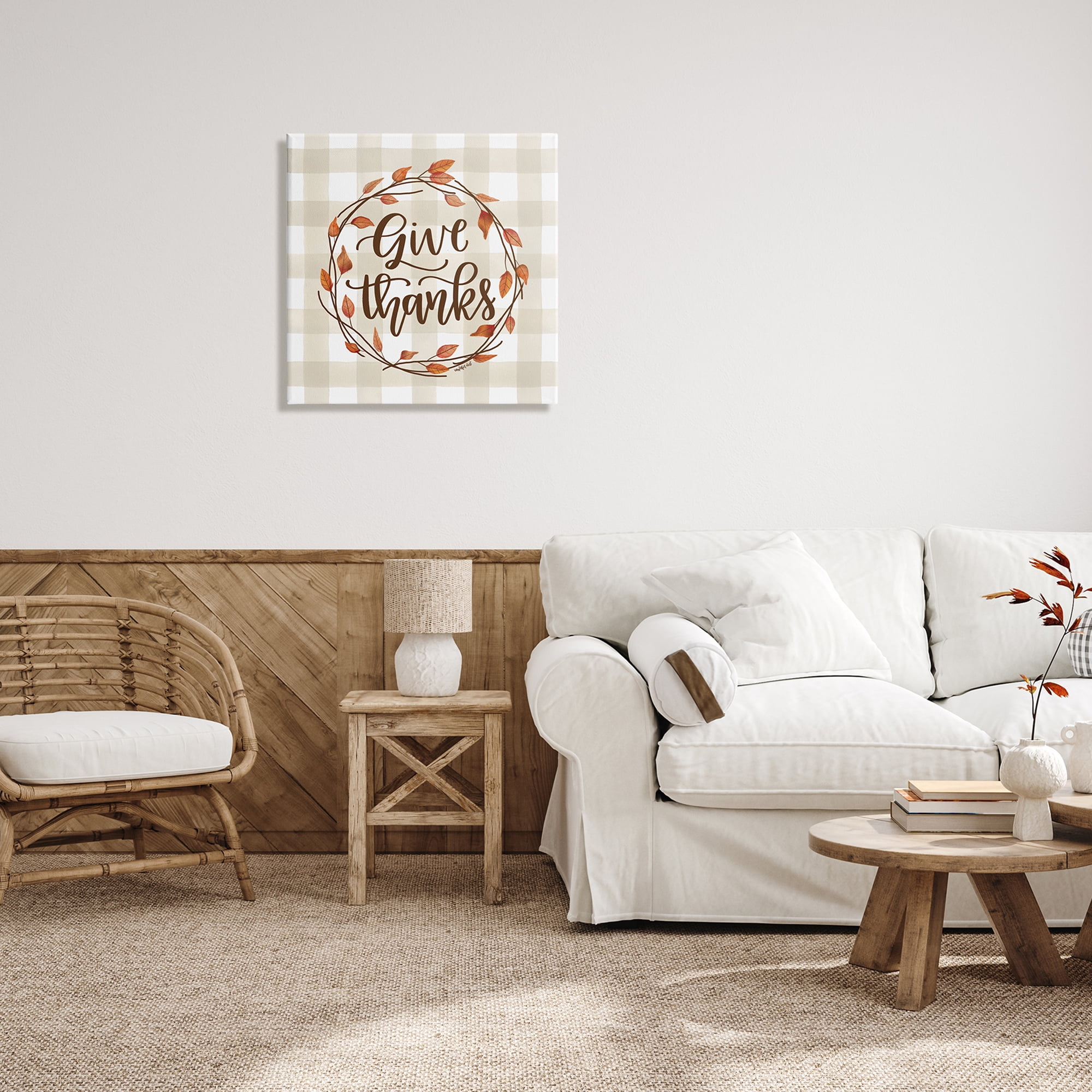 Give Thanks Neutral Plaid Autumn Leaves Wreath Inspirational Graphic Art Gallery-Wrapped Canvas Print Wall Art
